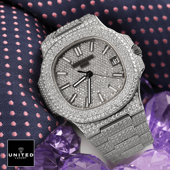 Patek Philippe Nautilus "Iced Out" 5719/10G Authentic Copy 1:1 patek philippe nautilus jumbo white dial 5719 10G 010 iced out replica front three