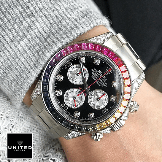 Rolex Daytona White Gold Diamond Set Custom Case 116599RBOW Replica on his arm