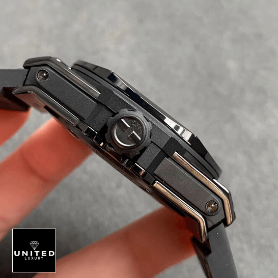 Hublot Big Bang "All Black" Ceramic 415.CX.1114.VR.MXM17 Next Level Replica hublot big bang sang bleu all black left dial Hublot Big Bang All Black Carbon Case Replica side view crown on the hand