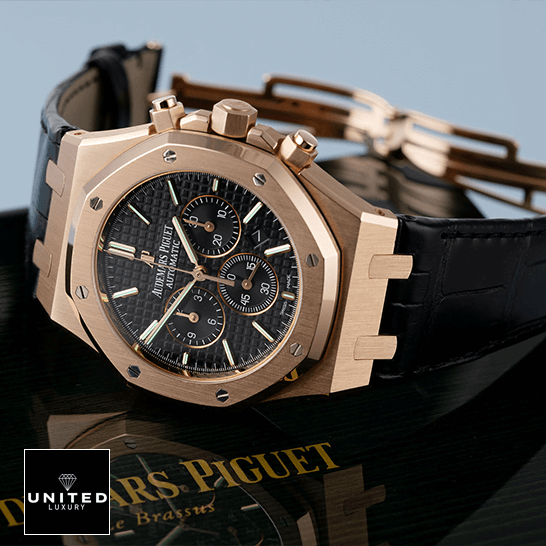 Audemars Piguet Royal Oak Chronograph 26320OR "Rose Gold" Exceptional Replica 1:1 audemars piguet royal oak chronograph 26320OR.OO .D002CR.01 replica side Audemars Piguet Royal Oak Gold Case Black Dial Replica on the ap box