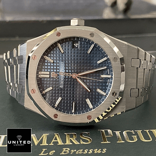 Audemars Piguet Royal Oak Blue Dial Steel Bezel Replica on the box side view