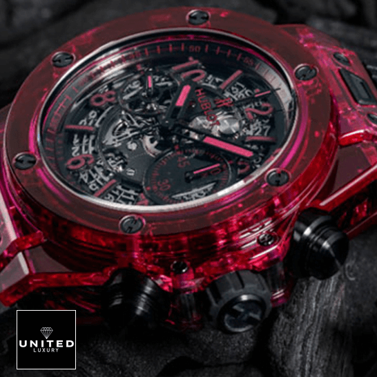 Hublot Big Bang Unico "Red Sapphire" Skeleton 411.JR.4901.RT Ultra Detailed Clone hublot big bang unico red sapphire 411.JR .4901.RT left Hublot 411.JR_.4901.RT Big Bang Unico Red Sapphierre Replica crown / push button