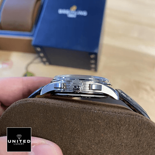 Breitling Premier Chronograph AB0118221G1P1 "Panda Dial" Perfect Duplicate Edition breitling–AB0118221G1P1 premier b01 right Breitling AB0118221G1P1 Premier Steel Case Replica side view on the stand