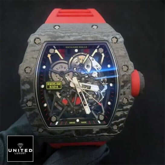 Richard Mille RM 35-02 "Red Carbon" Premium Copy 1:1 rm3502 red carbon replica 5 Richard Mille RM35-02 Rafa Black Bezel Red Bracelet Replica black background