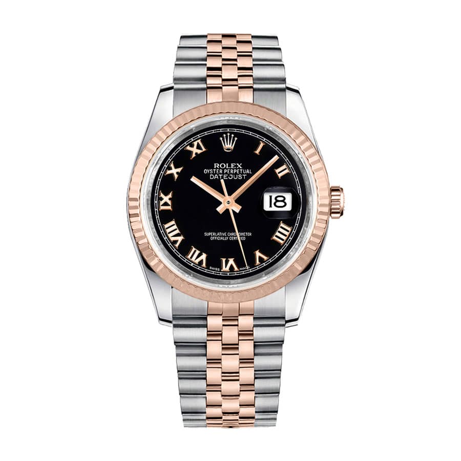 rolex-datejust-36-black-roman-numeral-dial-watch-116231-jubilee-replica.jpg Rolex Datejust 126231-0085 “Black Roman” Precision Clone - Image 1