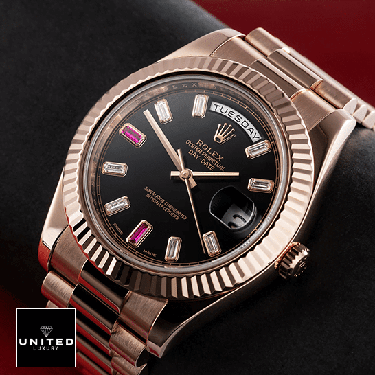 Rolex Day-Date II 218235 Replica Rose Gold Crown Pusher & Gem-Set Indices