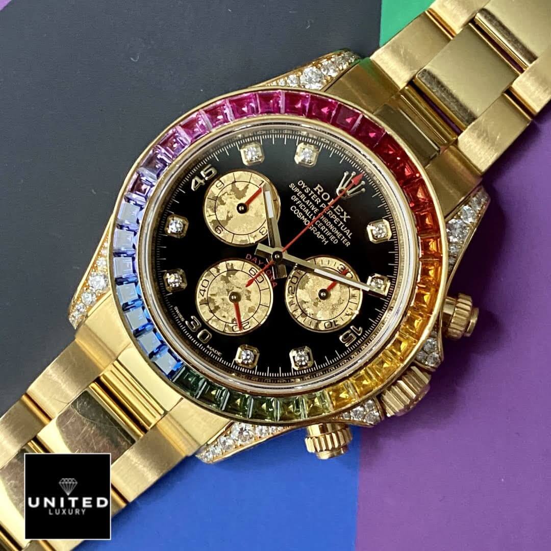 Rolex Daytona "Rainbow" 116520-0016 Superior Replica Yeni Proje 2 37 Rolex Cosmograph Daytona Rainbow Black Dial 116598RBOW Replica on the Table