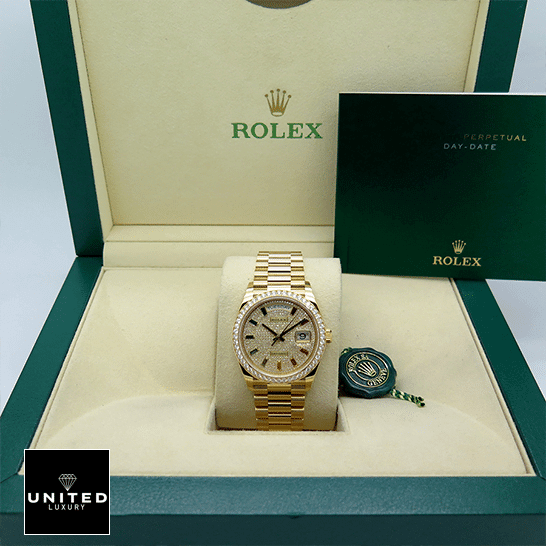 Rolex Day-Date 128348RBR "Pave Diamond Dial" Perfect Duplicate Edition rolex_day_date_yellow_gold_with_pave_diamond_dial_sapphire_128348RBR_0030_replica_box_unitedluxurynet