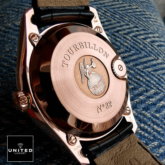 Omega De Ville Tourbillon Co-Axial 4637.31.31 "Tourbillon" Mirror Clone Quality omega 528.53.44.21.03.001 de ville tresor man Omega Tourbillion Gold Case Leather Bracelet Replica upside view