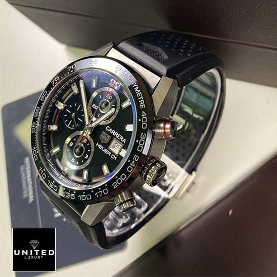 TAG Heuer Carrera Chronograph CBN2A1B.BA0643 "Black Rubber" Deluxe Copy Quality tag carrera black rubber replica1a Tag Carrera Black Rubber Replica Crown Pusher
