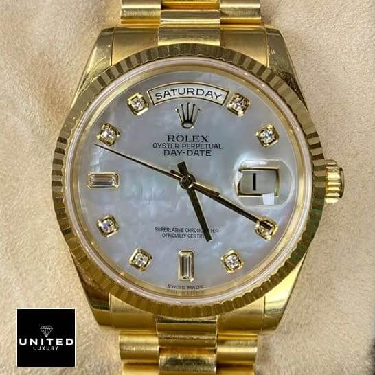 Rolex Day-Date 128238 "Mother of Pearl" Swiss Super Clone rolex 128238 yellow gold replica Rolex Day Date 128238 Replica Champagne dial with diamonds