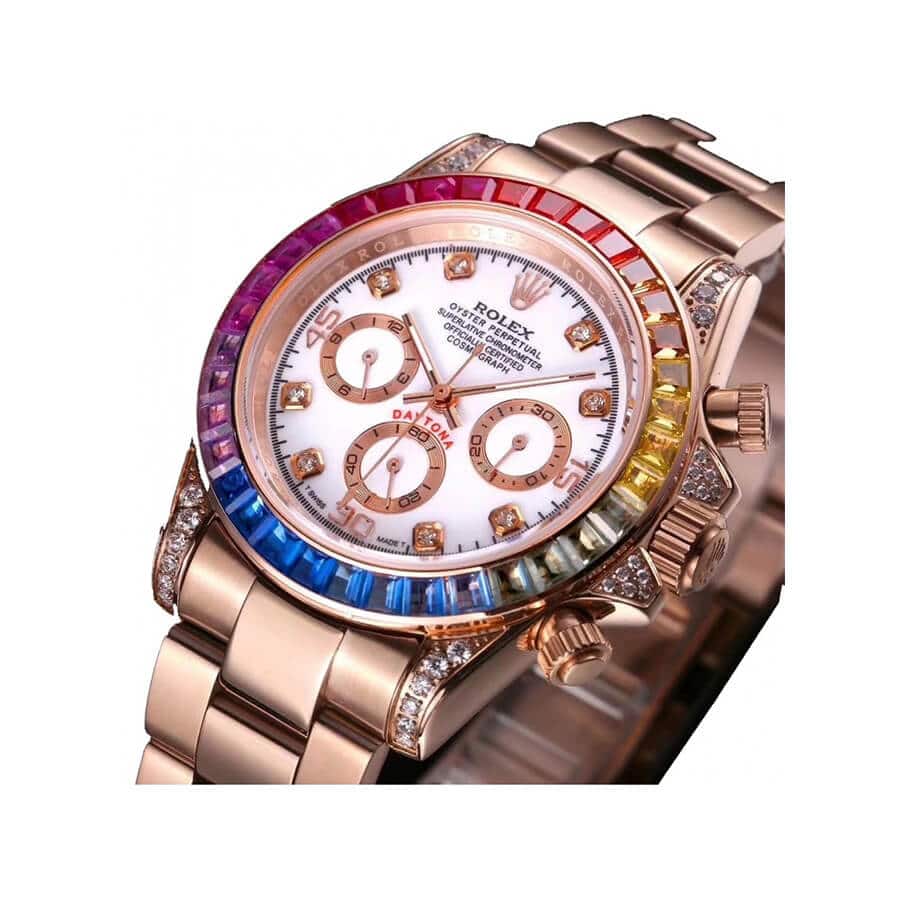 Rolex Daytona "Rainbow" 116520-0016 Superior Replica Rolex Daytona Cosmograph Rainbow Crystals Bezel Replica Left rolex-daytona-cosmograph-rainbow-crystals-bezel-left-replica