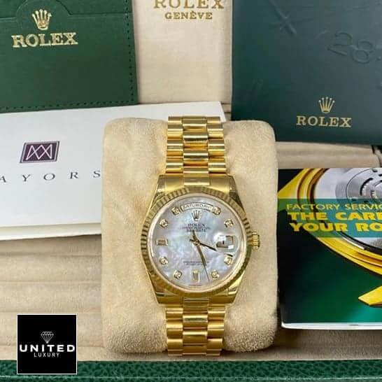 Rolex Day-Date 128238 "Mother of Pearl" Swiss Super Clone rolex 128238 yellow gold replica 6 Rolex Day Date Mop 128238 Replica warranty card and instruction manual