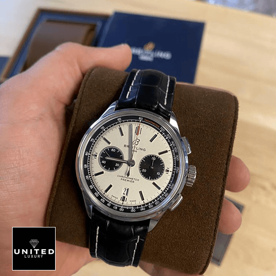Breitling Premier Chronograph AB0118221G1P1 "Panda Dial" Perfect Duplicate Edition breitling–AB0118221G1P1 premier b01 left Breitling AB0118221G1P1 White Dial Replica on the hand