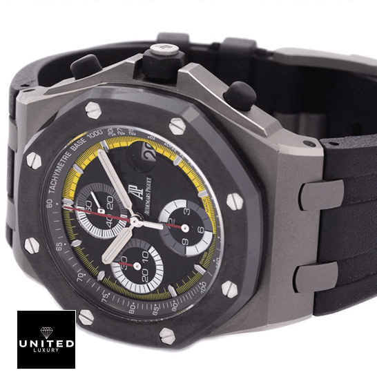 Audemars Piguet Royal Oak Offshore 26207IO.OO.A002CA.01 "Sebastien Buemi" Mirror Clone Quality audemarspiguet royaloakoffshore 26207IO.OO replica tiltedleft Audemars Piguet Royal Oak Black Dial Steel Case Replica side view