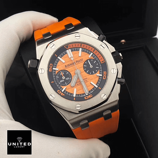 Audemars Piguet Royal Oak Offshore 26703ST.OO.A070CA.01 Supreme Replica Edition audemars piguet royal oak offshore 26703ST.OO .A070CA.01 replica tiltedleft Audemars Piguet Orange Rubber Bracelet Replica in the black box