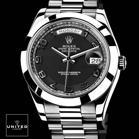 Rolex Day-Date 218206 "Black Dial" Supreme Replica Edition Rolex Day Date II 218206 Stainless Steel Black Dial Replica Black Backround