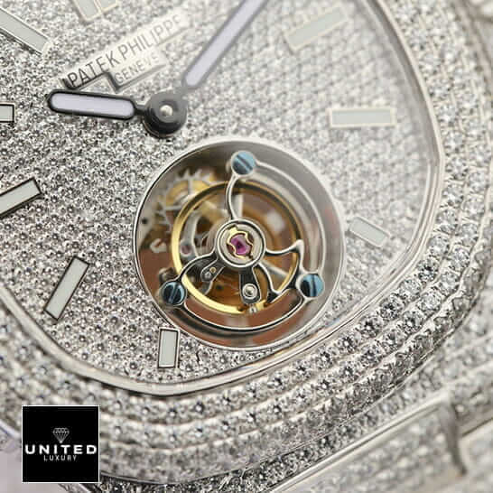 Patek Philippe Sky Moon Tourbillon 6002R "Diamond Bezel" Premium Copy 1:1 patek philippe tourbillon 6980 diamond replica man Patek Philippe 6980 Tourbillion White Dial Iced Out Replica front view