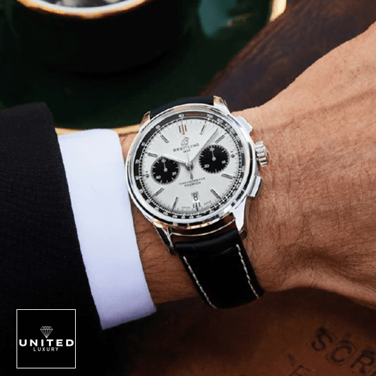 Breitling Premier Chronograph AB0118221G1P1 "Panda Dial" Perfect Duplicate Edition breitling–AB0118221G1P1 premier b01 hand Breitling AB0118221G1P1 Black Leather Bracelet Replica on the man wrist