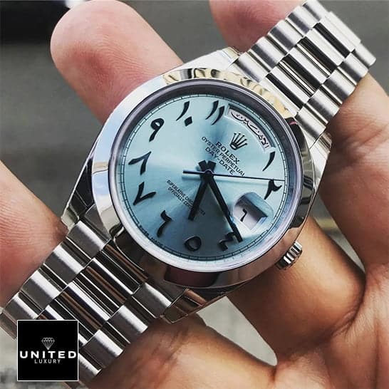 Rolex Day-Date 228206 "Arabic Dial" Super Clone Edition rolex 228206 arabic dial replica Rolex DayDate 40 228206 Arabic indices Dial Replica on his hands