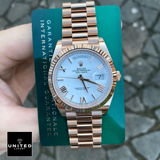 Rolex Day-Date 118235F-0024 President Rose Gold Roman Dial Ultra Fine Replica rolex day date 118235f 0024 replica front Rolex Day-Date President 118235f-0024 Replica & Guarentee Card