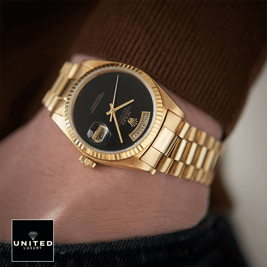 Rolex Day-Date 18038 "Onyx Dial" Authentic Replica Edition rolex day date onyx dial 18038 bulang jubilee replica man hand rolex_day-date_onyx_dial_18038-_bulang_jubilee_replica_man_hand