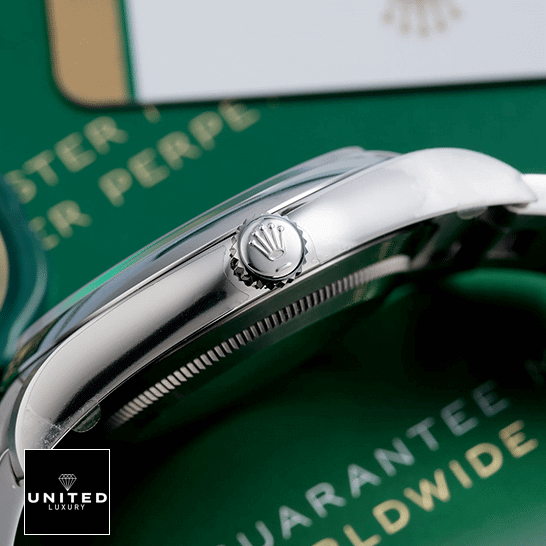 Rolex Datejust Perpetual 114300 Stainless Steel Case & Crown Pusher Replica Right Side on the table