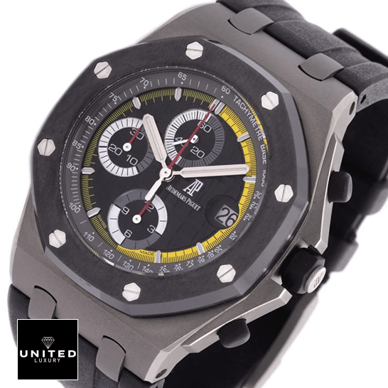Audemars Piguet Royal Oak Offshore 26207IO.OO.A002CA.01 "Sebastien Buemi" Mirror Clone Quality audemarspiguet royaloakoffshore 26207IO.OO replica Audemars Piguet Royal Oak Black Yellow Dial Replica white background