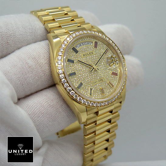 Rolex Day-Date 128348RBR "Pave Diamond Dial" Perfect Duplicate Edition rolex_day_date_yellow_gold_with_pave_diamond_dial_sapphire_128348RBR_0030_replica_yellow_gold_unitedluxurynet