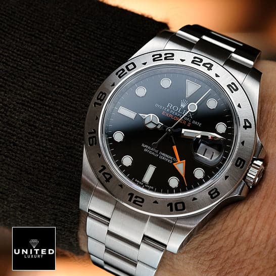 Rolex Explorer II 216570 "Black Dial" Perfect Clone Edition rolex 216570 black dial 6 Rolex Explorer II 216570-0001 Stainless Steel Bezel Replica on his arm