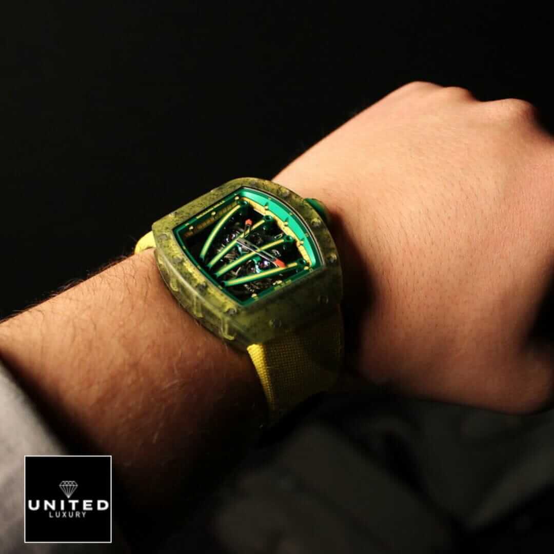 Richard Mille Tourbillion Green Bezel Replica on the man wrist