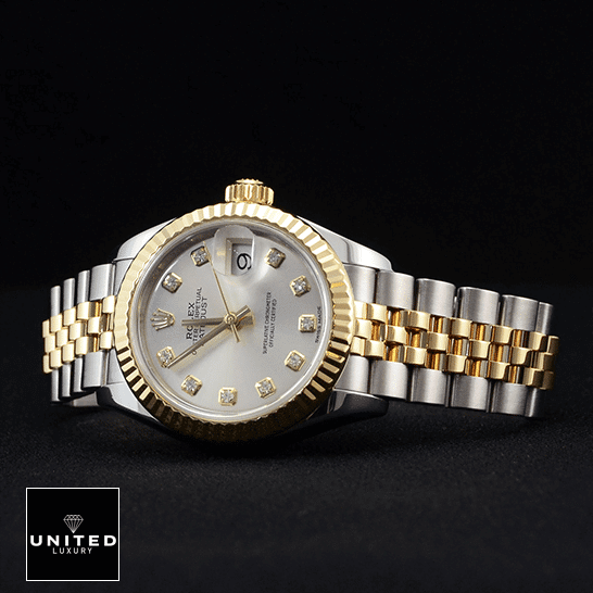 Rolex Lady-Datejust 279173 Silver Diamond Dial Deluxe Replica Edition Rolex Datejust Steel Yellow Gold Diamond Replica black background