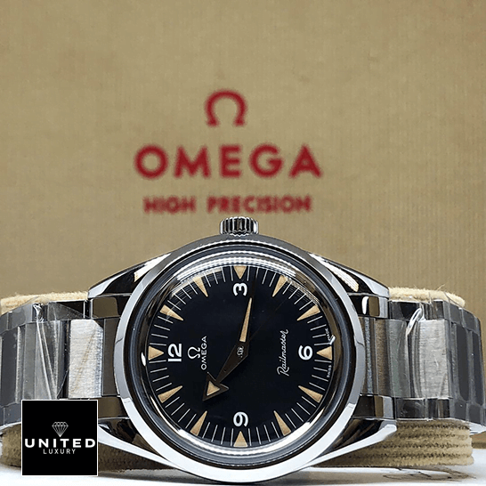 Omega Seamaster Black Dial Replica stainless steel bracelet in the omega box