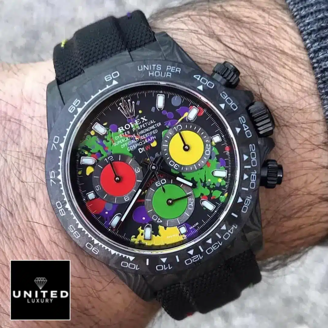 Rolex Daytona "Carbon" 4130 Masterpiece Replica Yeni Proje 1 2 Rolex Daytona Carbon Rainbow Dial Black Button & Crown Pusher 4130cr Replica on his arm