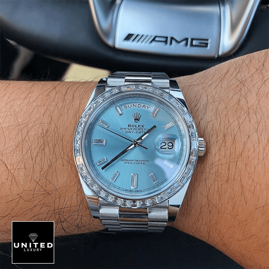 Rolex Day-Date 228396TBR "Ice Blue Baguette" Pro Clone 1:1 Rolex Day-Date 228396TBR001 Replica on is arm