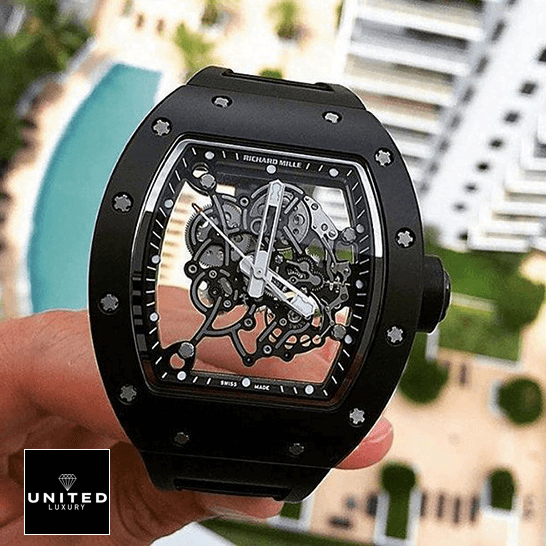 Richard Mille RM 055 "Black Dial" Authentic Super Replica richard mille RM055 replica front three Richard Mille RM055 Skeleton Black Bezel Replica front view