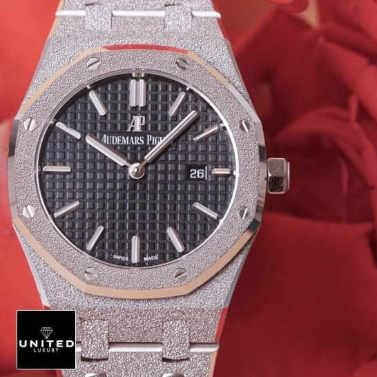 Audemars Piguet Royal Oak 67653BC.GG.1263BC.02 "Frosted" Super Clone Elite Clone Edition frosted ap replica man AP Frosted White Gold 67653BC.GG.1263BC.02 Replica Red backround